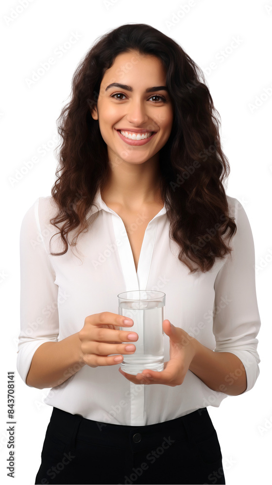 Smiling woman holding a glass of water isolated on transparent background Smiling woman holding a glass of water isolated on transparent background