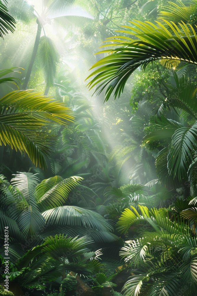 Deep tropical rainforest with green plants, moss, ferns.