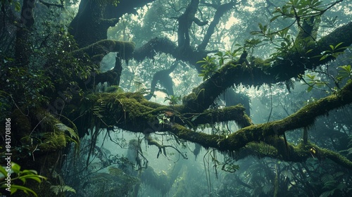 Deep tropical rainforest with green plants, moss, ferns.