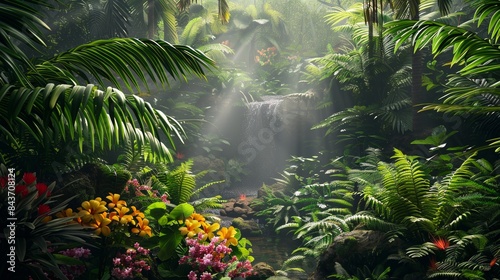 Beautiful colorful flowers in deep tropical rainforest with green plants, moss, ferns. © Joyce