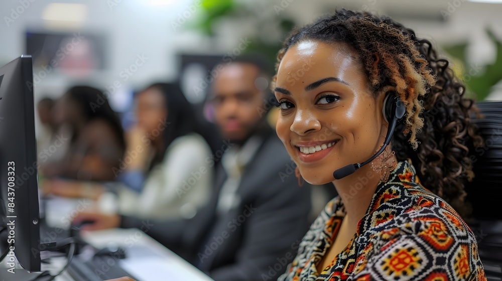Customer service team assisting a client, professional, energetic, smiling Customer service team assisting a client, professional, energetic, smiling