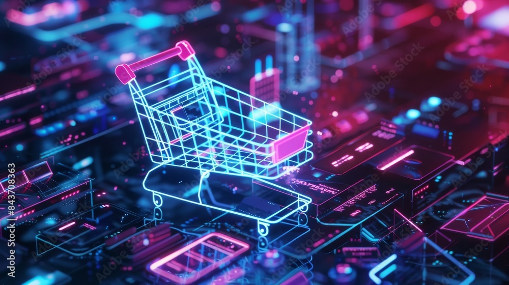 Shopping cart hovering over futuristic glowing circuit board with neon lights Shopping cart hovering over futuristic glowing circuit board with neon lights