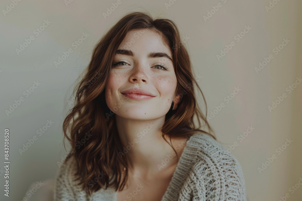 A close up portrait of a young woman with a subtle smile A close up portrait of a young woman with a subtle smile