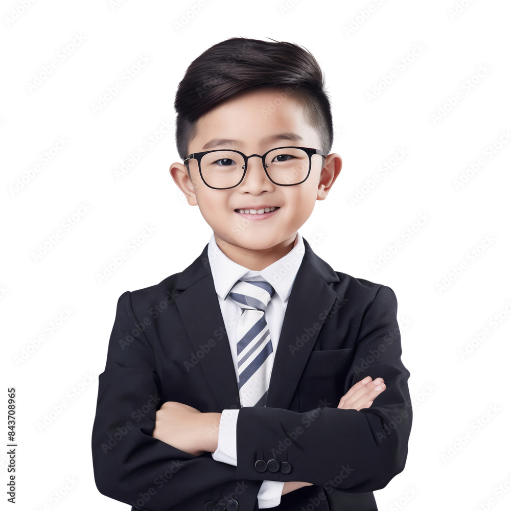 Smiling little Asian boy in a business suit standing with his arms crossed, isolated on transparent background Smiling little Asian boy in a business suit standing with his arms crossed, isolated on transparent background