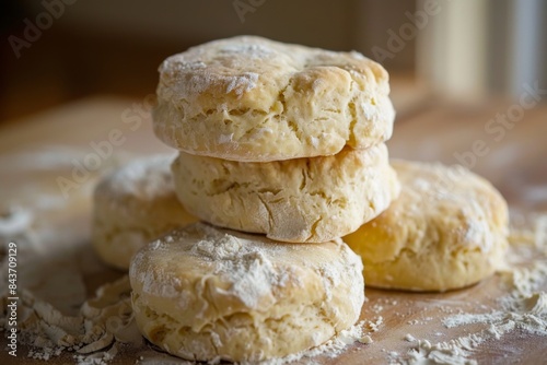 Biscuits stacked on top of each other on a table, biscuit dough type 