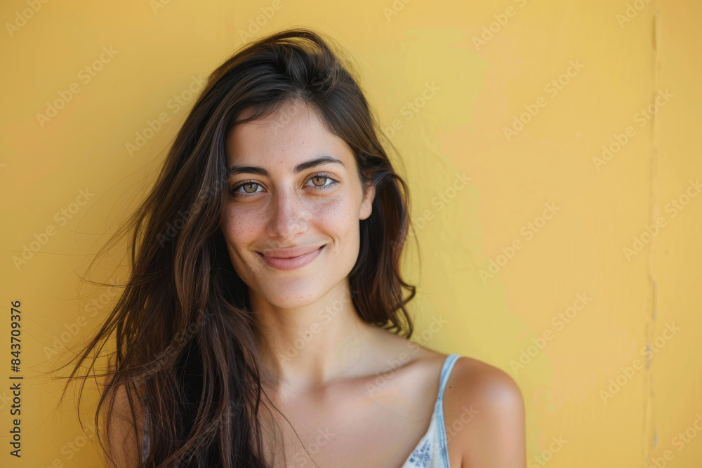 A close up portrait of a young woman with a subtle smile A close up portrait of a young woman with a subtle smile