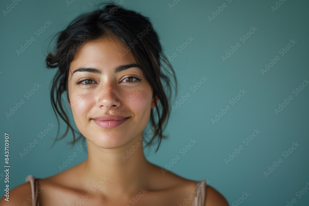 A close up portrait of a young woman with a subtle smile A close up portrait of a young woman with a subtle smile