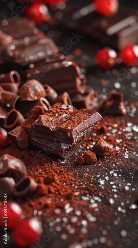 Chocolate pieces and cherries, sugar dessert, food background 