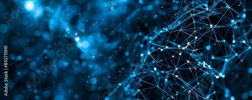 A network of interconnected nodes symbolizing the global community and technology, rendered in shades of blue on black background
