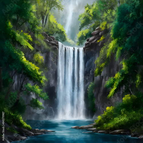 waterfall in nature painting art picture for wallpaper