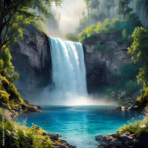 waterfall in nature painting art picture for wallpaper
