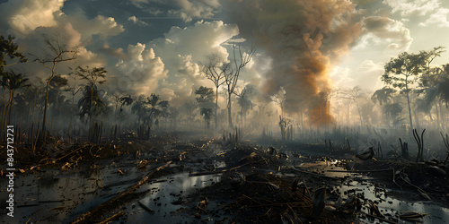 Wild forest fire. Burned trees after forest fires, lots of smoke. Natural disasters concept, A view of a polluted industrial landscape, with smoke billowing from factories and river choked with waste