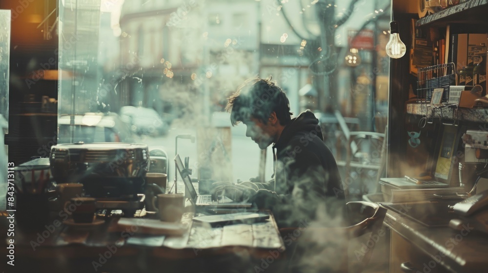 A man is sitting at a table in a cafe, working on his laptop A man is sitting at a table in a cafe, working on his laptop