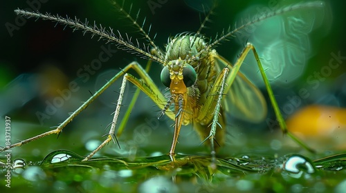Mosquito resting on a surface, highlighting its slender body and delicate wings. © chaisiri