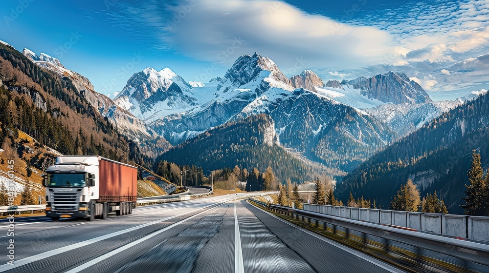 Fototapeta premium A truck drives on a snowy mountain highway under a bright blue sky, surrounded by majestic peaks and pine forests.