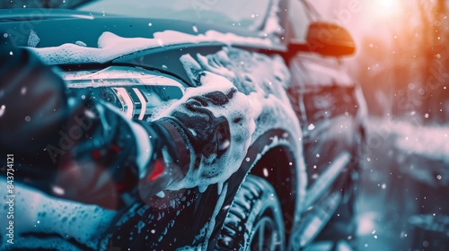 Close up realistic image of car being hand washed in foam with washcloth at car wash