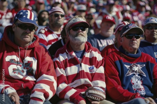 Fans in red hats are watching a football game photo