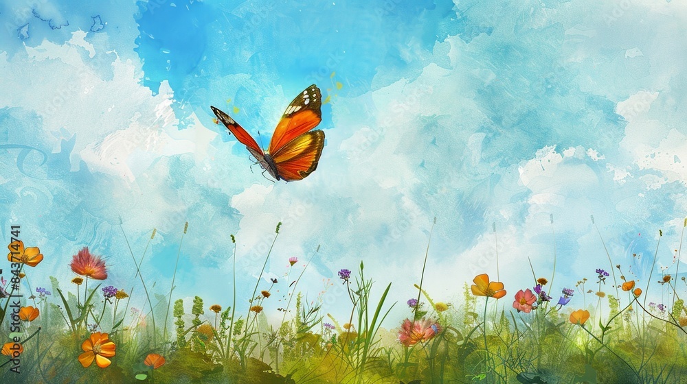 Artistic watercolor painting drawing of beautiful butterfly flying over flower fields Artistic watercolor painting drawing of beautiful butterfly flying over flower fields