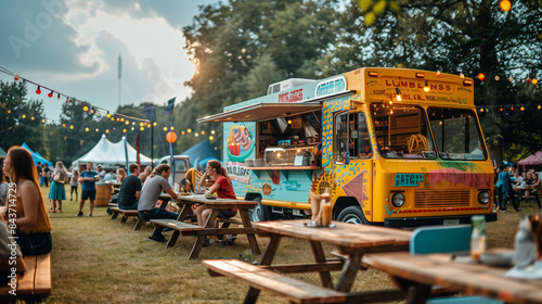 Yellow Food Truck Serving Customers at Outdoor Festival in Summer