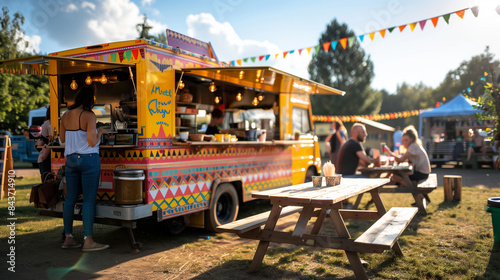 Colorful Food Truck Serving Customers at Outdoor Festival in Summer