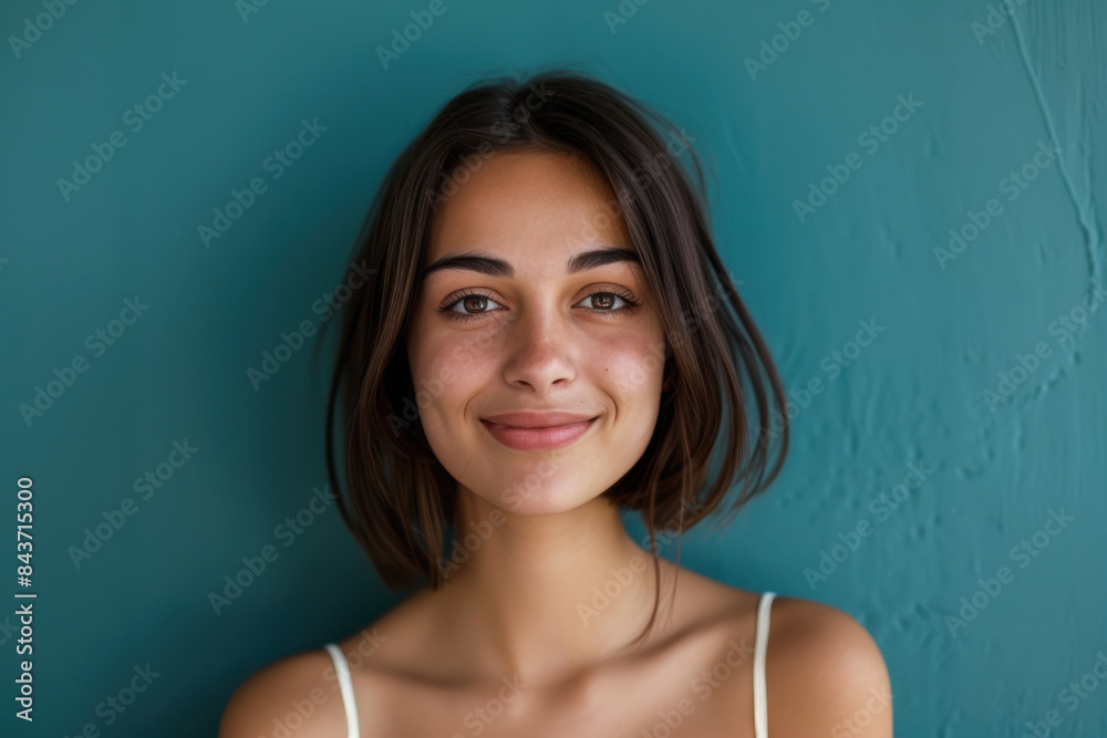 A close up portrait of a young woman with a subtle smile A close up portrait of a young woman with a subtle smile