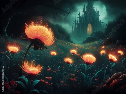 A captivating dark fantasy painting that masterfully combines the charming pixel art style with the mesmerizing glow of biolumine scent creatures. Generative ai	 photo