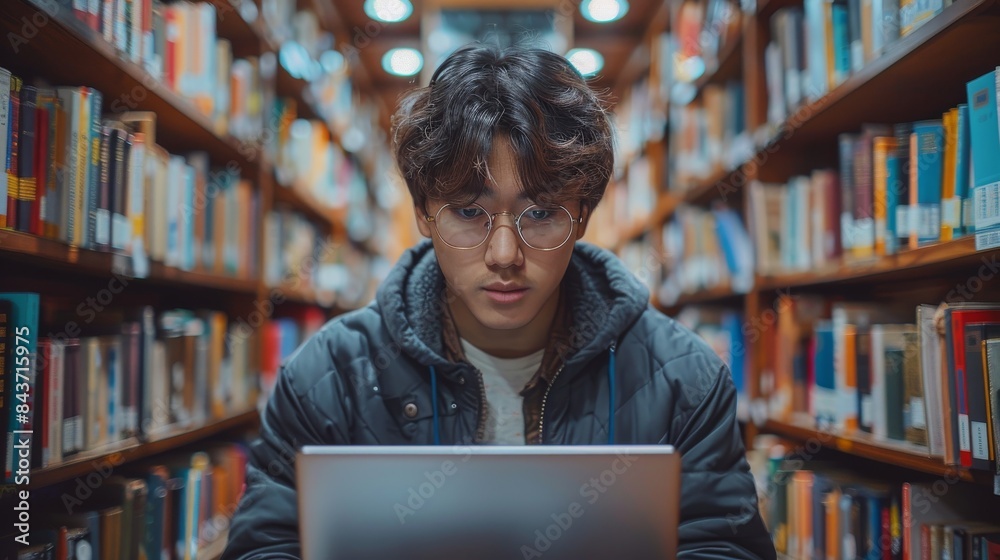 Young man with glasses deeply immersed in his studies at a library with laptop and books Young man with glasses deeply immersed in his studies at a library with laptop and books