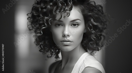 A black and white portrait of a young woman with elegant curly hair, her gaze exuding a timeless beauty and sophistication.