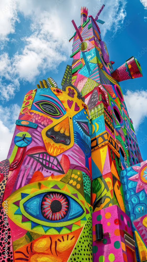A colorful building with faces painted on it