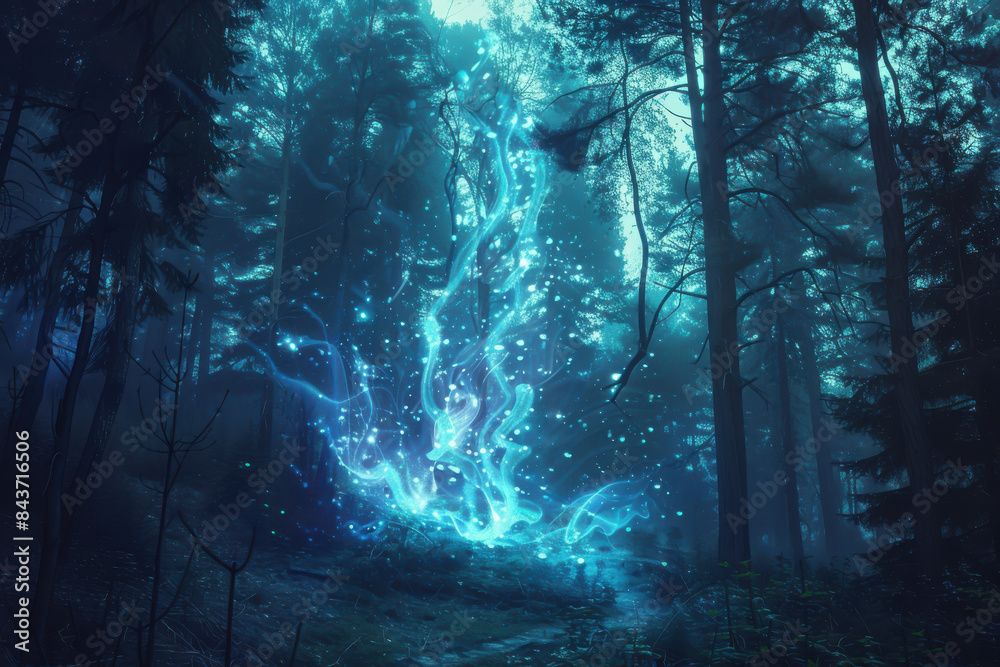 Obraz premium A forest with a glowing blue tree in the middle
