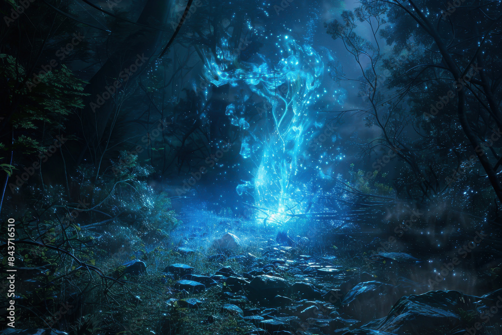 A forest with a glowing tree in the middle A forest with a glowing tree in the middle