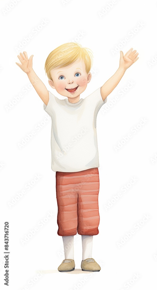A cheerful cartoon boy with blonde hair, wearing a white shirt and red pants, raising his hands in excitement against a white background. A cheerful cartoon boy with blonde hair, wearing a white shirt and red pants, raising his hands in excitement against a white background.