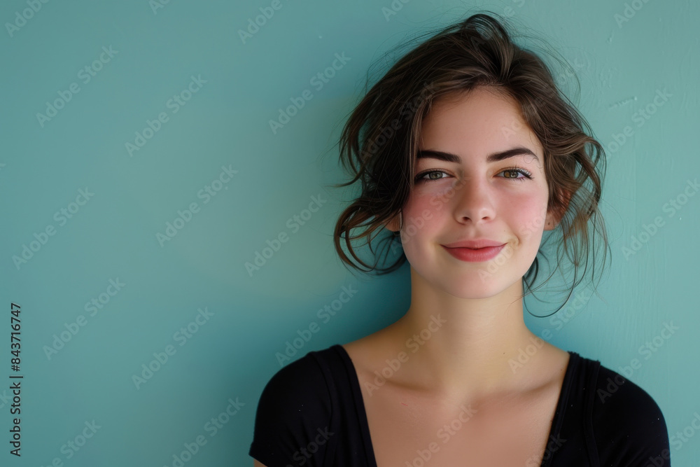A close up portrait of a young woman with a subtle smile A close up portrait of a young woman with a subtle smile
