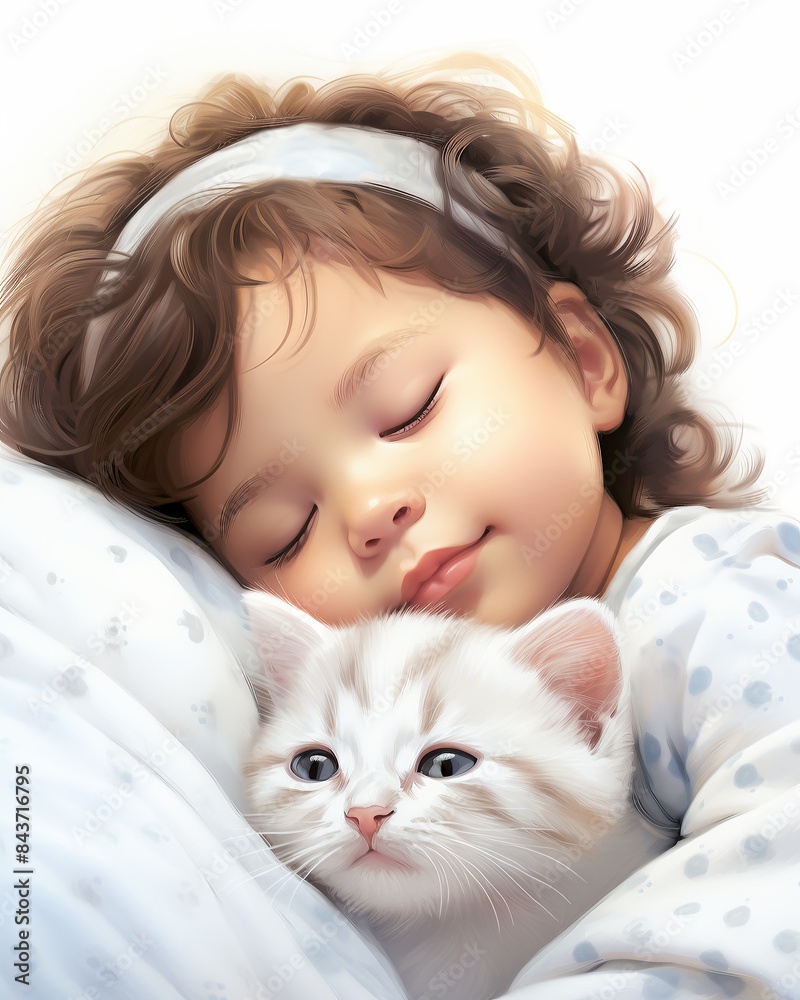 Adorable child cuddling a kitten while peacefully sleeping, capturing a heartwarming moment of innocence and companionship. Adorable child cuddling a kitten while peacefully sleeping, capturing a heartwarming moment of innocence and companionship.