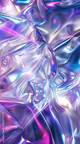 Holographic Abstract Fabric Background featuring shiny, iridescent folds in shades of blue, pink, and purple, creating a futuristic and dynamic visual effect. © kanoktuch