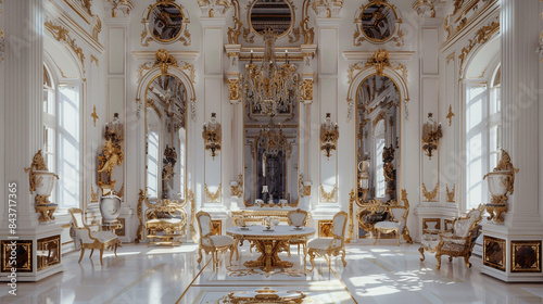 Baroque elegance in a white hall with elaborate gold-trimmed furniture, grand mirrors, and a stunning central chandelier