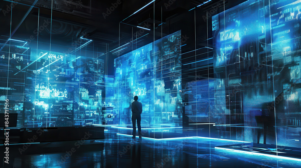 A man stands in a room with blue walls and blue screens