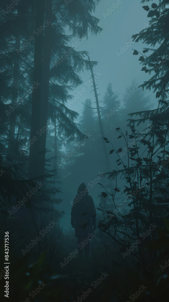 Obraz premium A person is walking through a forest at night