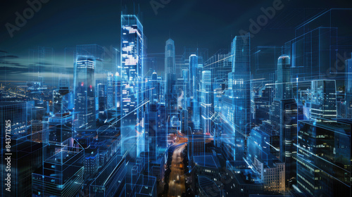 A cityscape is shown in blue and white with a futuristic feel