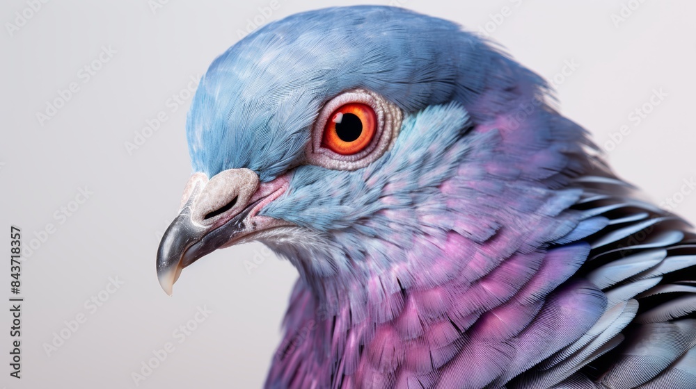 a pigeon's head, with its iridescent feathers and intricate eye details captured in stunning realism, isolated on a clean white background. a pigeon's head, with its iridescent feathers and intricate eye details captured in stunning realism, isolated on a clean white background.