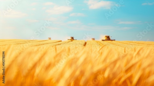 Combine harvester machine working in wheat field farm land.