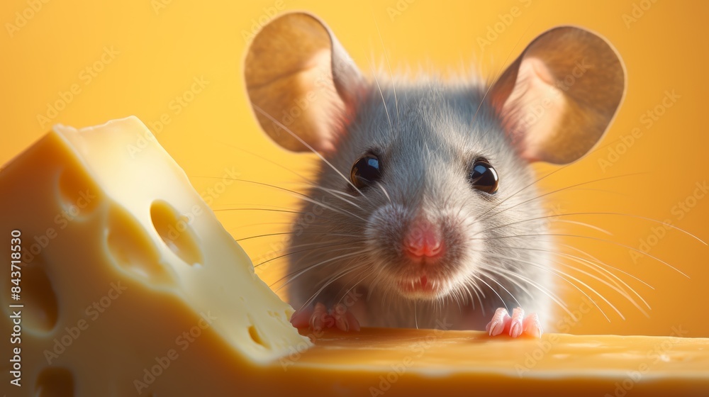 Fototapeta premium a curious mouse sniffing a piece of cheese