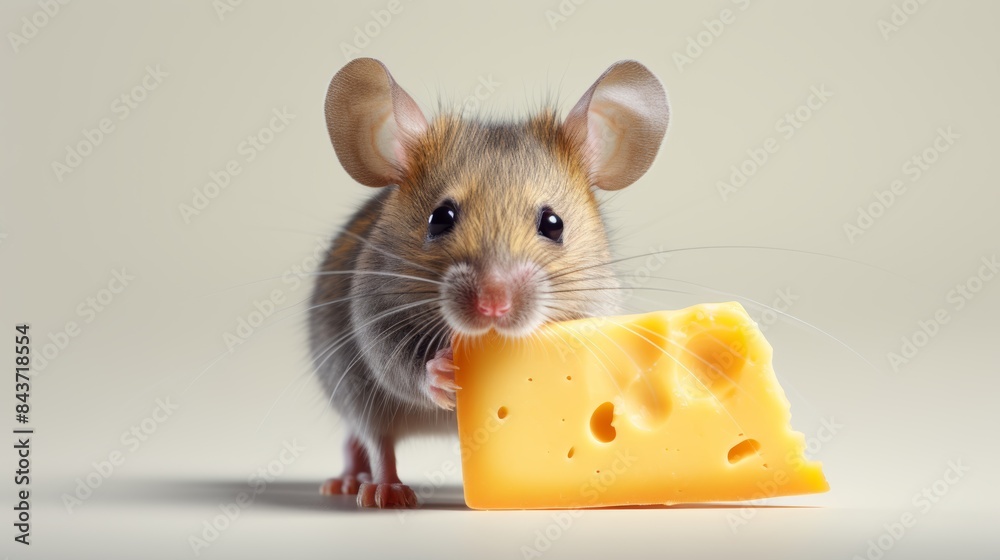 Fototapeta premium a curious mouse sniffing a piece of cheese
