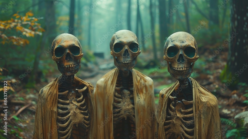 Three robed skeletal figures standing in a mystical forest setting Three robed skeletal figures standing in a mystical forest setting