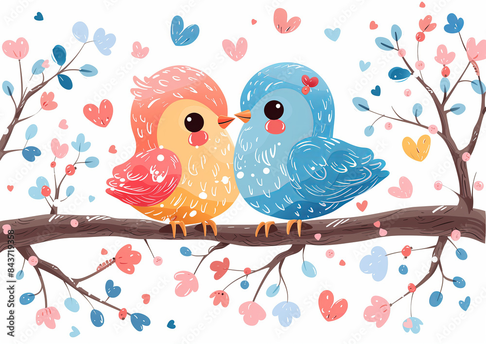 Adorable Love Birds on Blossom Branch - Cute Spring Illustration with Heart Leaves Adorable Love Birds on Blossom Branch - Cute Spring Illustration with Heart Leaves