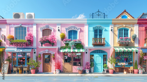 Colorful row of charming houses with blooming flowers, showcasing vibrant facades and picturesque street.