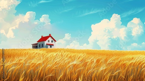 Farm house over wheat field in farm land.