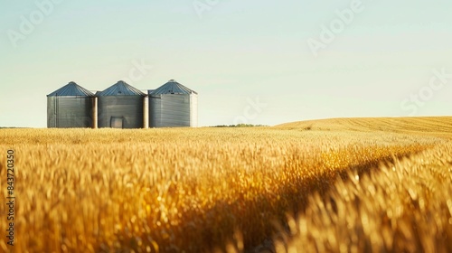 Silo over wheat field in farm land.