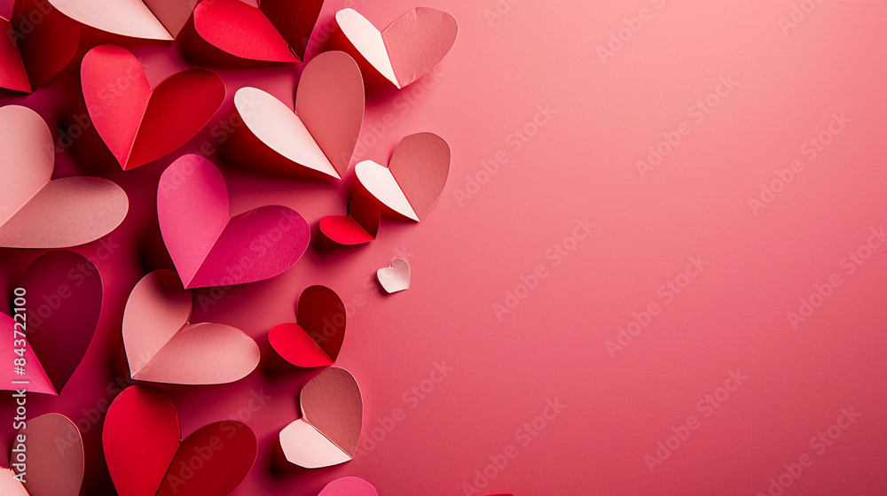 Top-down view of multiple paper hearts of varying sizes shades of pink and red, on pink background. Copy space Top-down view of multiple paper hearts of varying sizes shades of pink and red, on pink background. Copy space