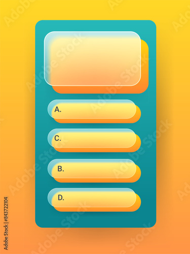 Vertical glass morphism quiz game template on yellow background. Test app vector illustration